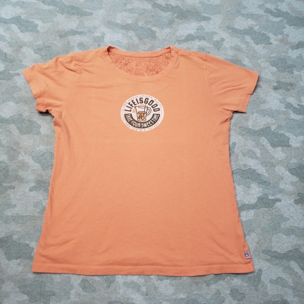 Life is Good Graphic Tee Top Womens Medium Orange Short Sleeve Casual